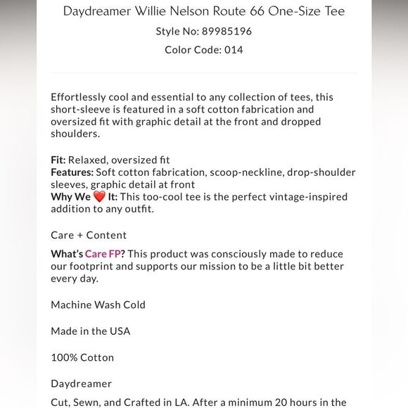 Free People x Daydreamer Willie Nelson Route 66 One Size Tee in Sand - Picture 5 of 7